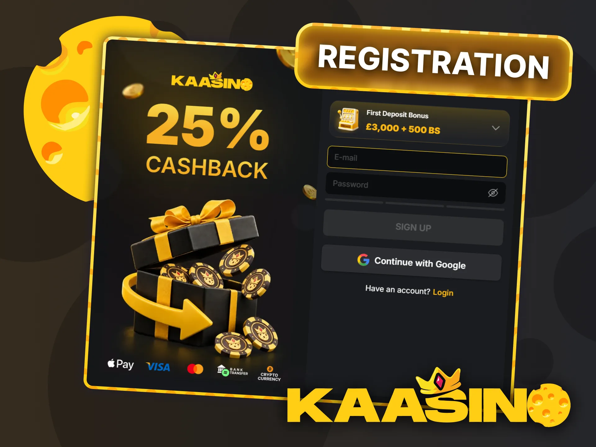 Open the main registration form to join Kaasino.